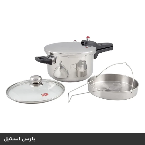 زودپز پارس استیل مدل کف سه لایه 4/5 لیتری با درب پیرکس و سبد بخارپز
